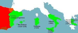 Plànol de la expansió Mediterrània de Catalunya a la Mediterrània (segles XIII-XIV i XV). En l'expansió Mediterrània hi van tenir un paper preponderant els catalans sobre aragonesos
