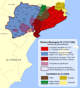 Territoris governats per Ramon Berenguer IV. Primer tenim Catalunya, els comtats occitans ja feia temps que estaven vinculats a Catalunya, cal afegir-hi Aragó - pel seu matrimoni amb Peronella- i les conques de Lleida, Franga i Tortosa als musulmans.