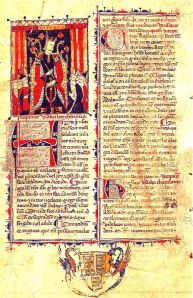 Document medieval dels Usatges de Barcelona (ACA ms. de Ripoll, núm. 38, fol. Documents cabdals de la Història de Catalunya). Hom pot observar al rei Alfons II envoltat de la senyera. La bandera catalana apareix en document medievals i no pas com a "barras de Aragón" terminologia errònia.